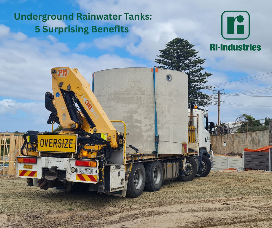 image shows aa picture of a truck delivering a concrete Ri-Industires rainwater tank to a construction site.